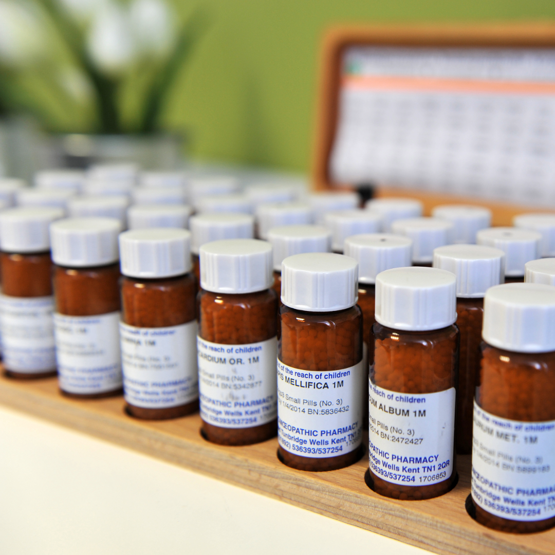 Homeopathic remedies in wooden box